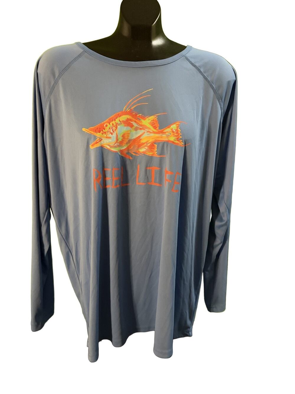 Reel Life Men's XXL Light Blue Fish Graphic Long Sleeve Polyester T-Shirt